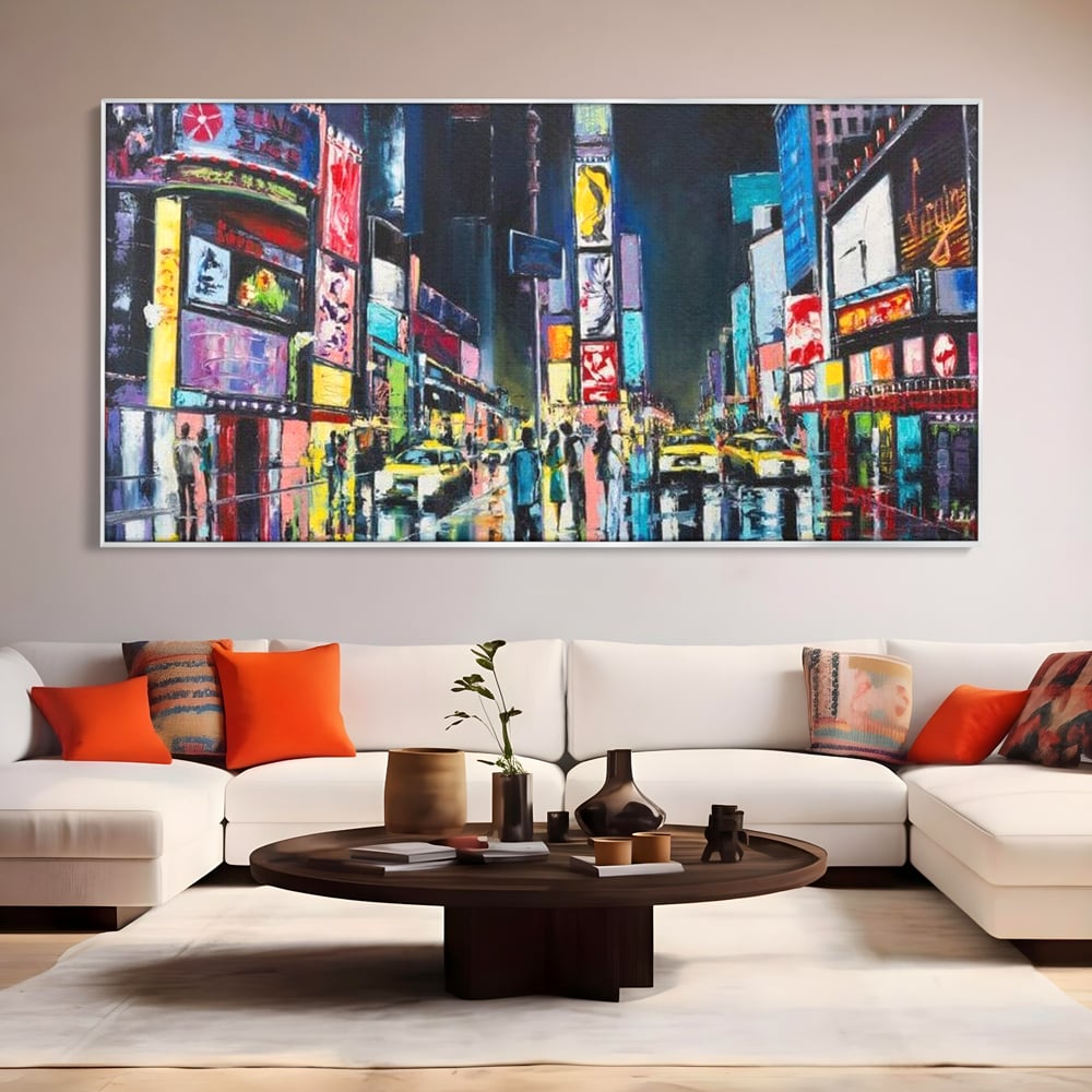 Tablou canvas cu tablou canvas cu peisaj urban nocturn din new york, in rama de aluminiu argintiu, pe perete intr-un living